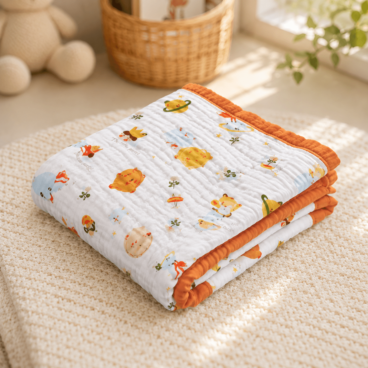Folded Universe pattern cotton gauze swaddle blanket with orange trim near woven basket